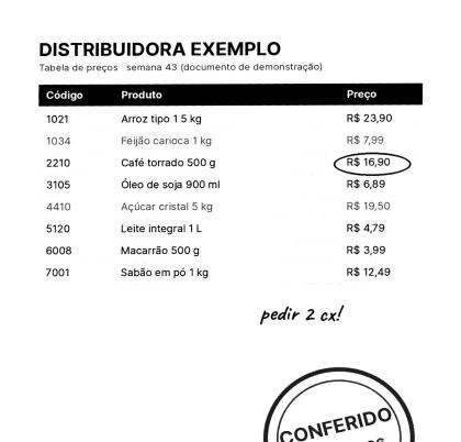 Tabela de preços no modo Documento, preto e branco